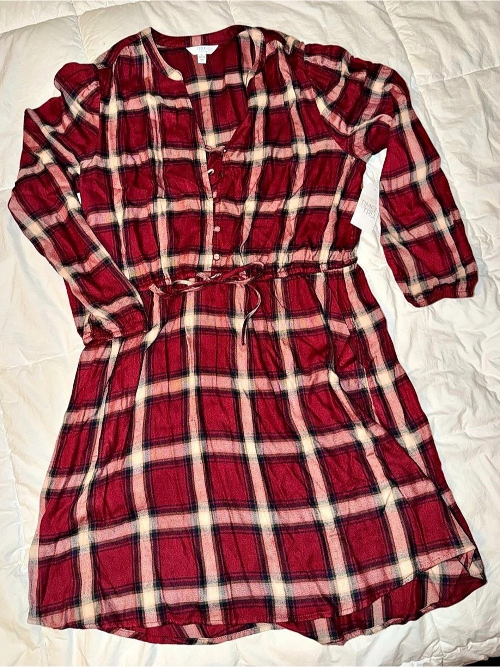 Time and Tru Drawstring Flannel Dress Plaid Large